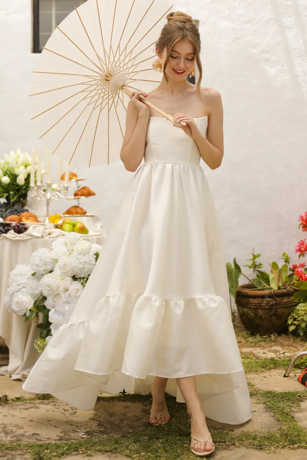 MADELEINE Strapless High Low Gown with Ruffle Hem (Ivory White Gazaar)