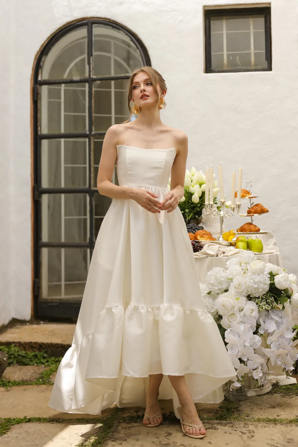 MADELEINE Strapless High Low Gown with Ruffle Hem (Ivory White Gazaar)