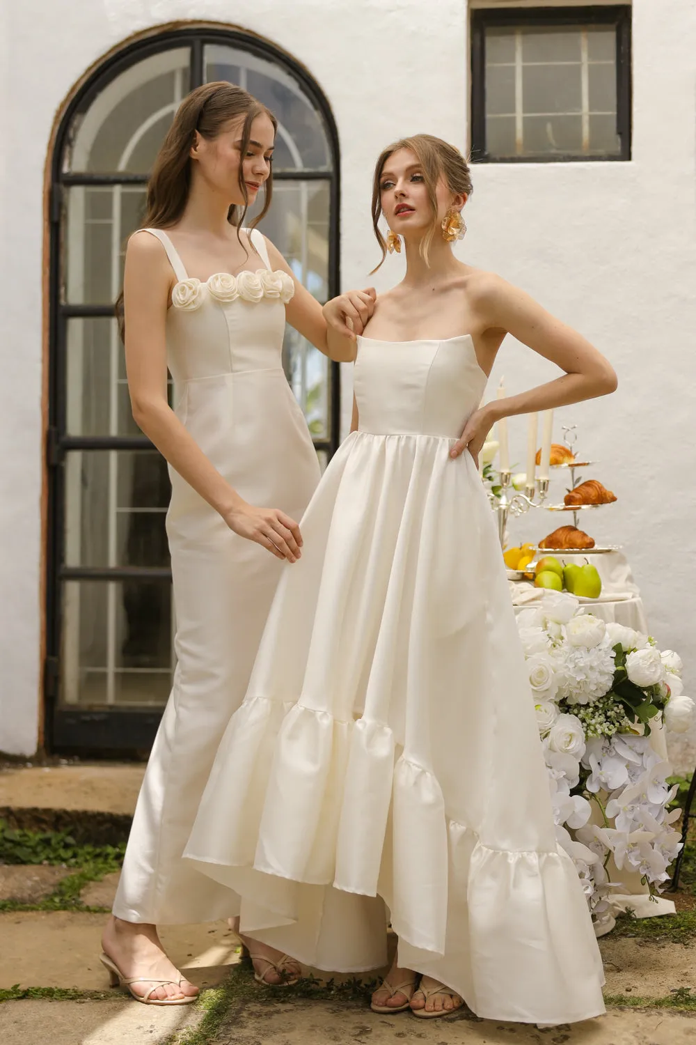 MADELEINE Strapless High Low Gown with Ruffle Hem (Ivory White Gazaar)
