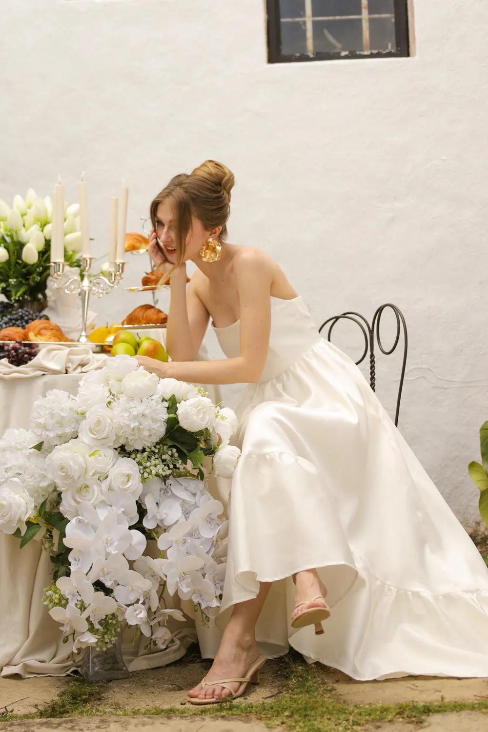 MADELEINE Strapless High Low Gown with Ruffle Hem (Ivory White Gazaar)