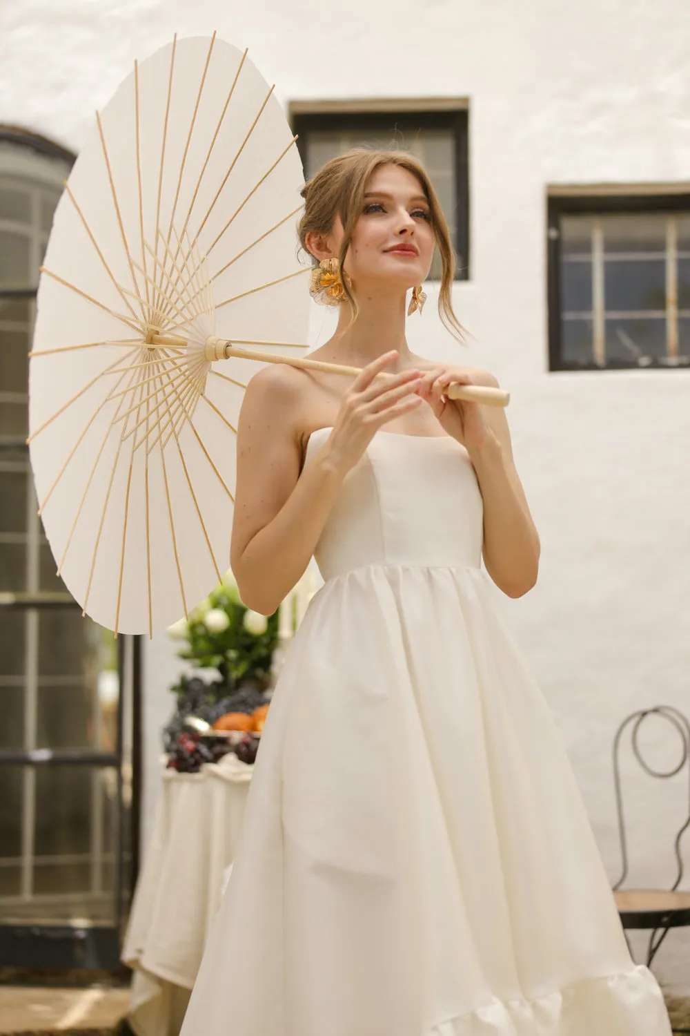 MADELEINE Strapless High Low Gown with Ruffle Hem (Ivory White Gazaar)