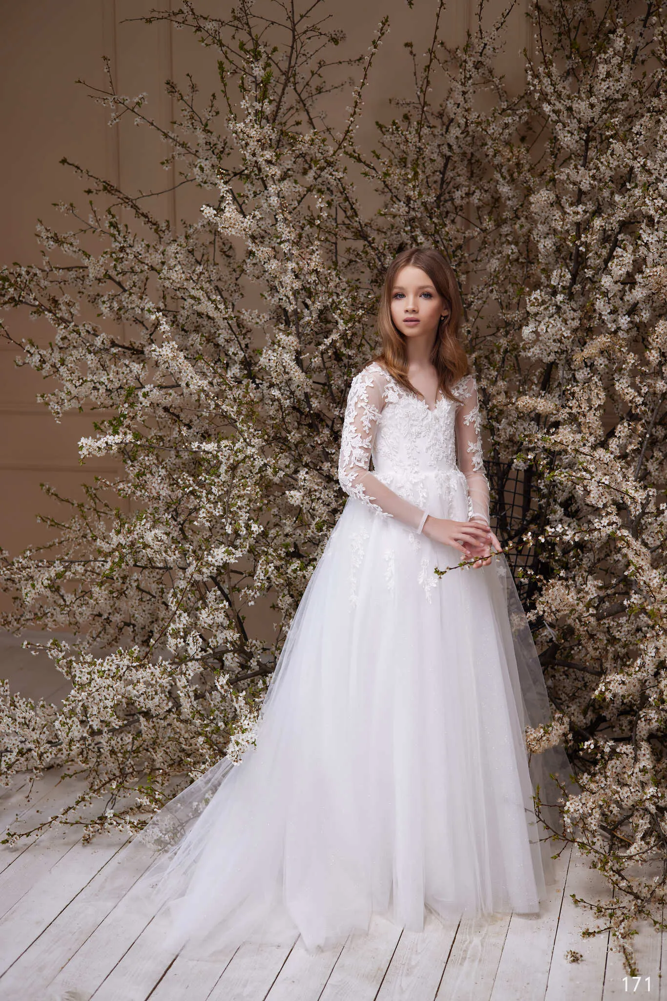 Marisa Girls Illusion V-Back Tulle Ball Gown Flower Girl Dress