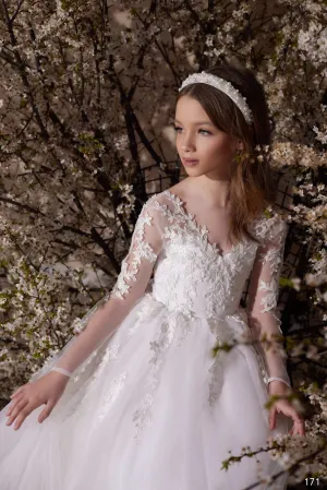 Marisa Girls Illusion V-Back Tulle Ball Gown Flower Girl Dress