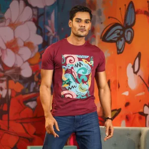 Mens Maroon Print T-Shirt
