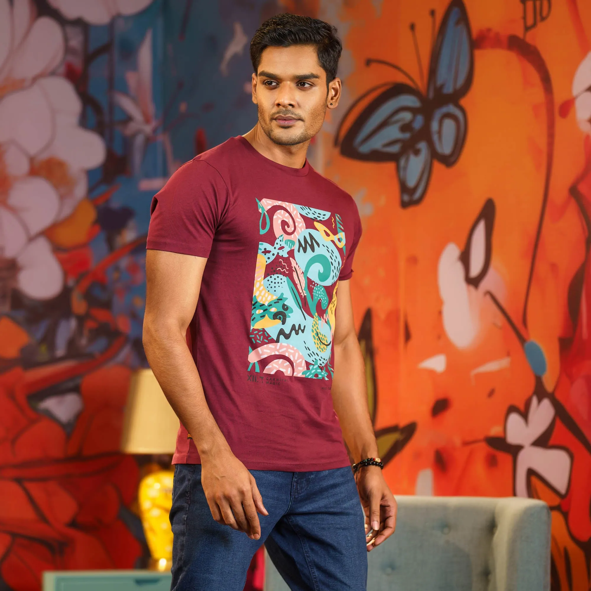 Mens Maroon Print T-Shirt