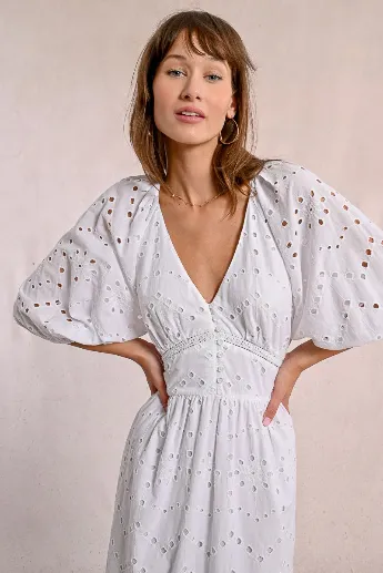 Molly Bracken Long White Broderie Lace Midi Dress