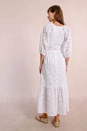 Molly Bracken Long White Broderie Lace Midi Dress
