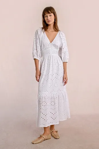 Molly Bracken Long White Broderie Lace Midi Dress