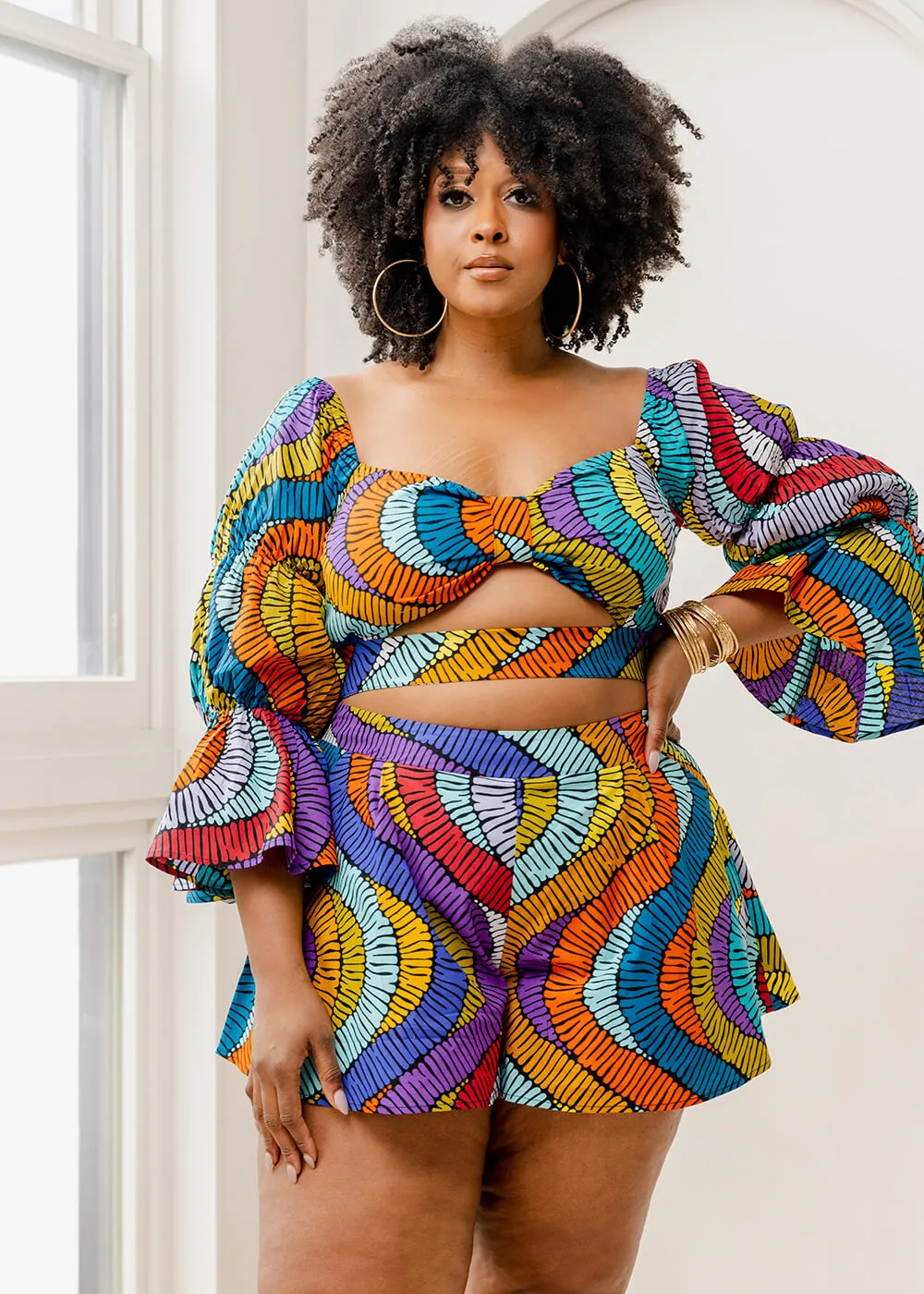 Nafasi Women's African Print Wide Leg Shorts (Abstract Lines) - Clearance