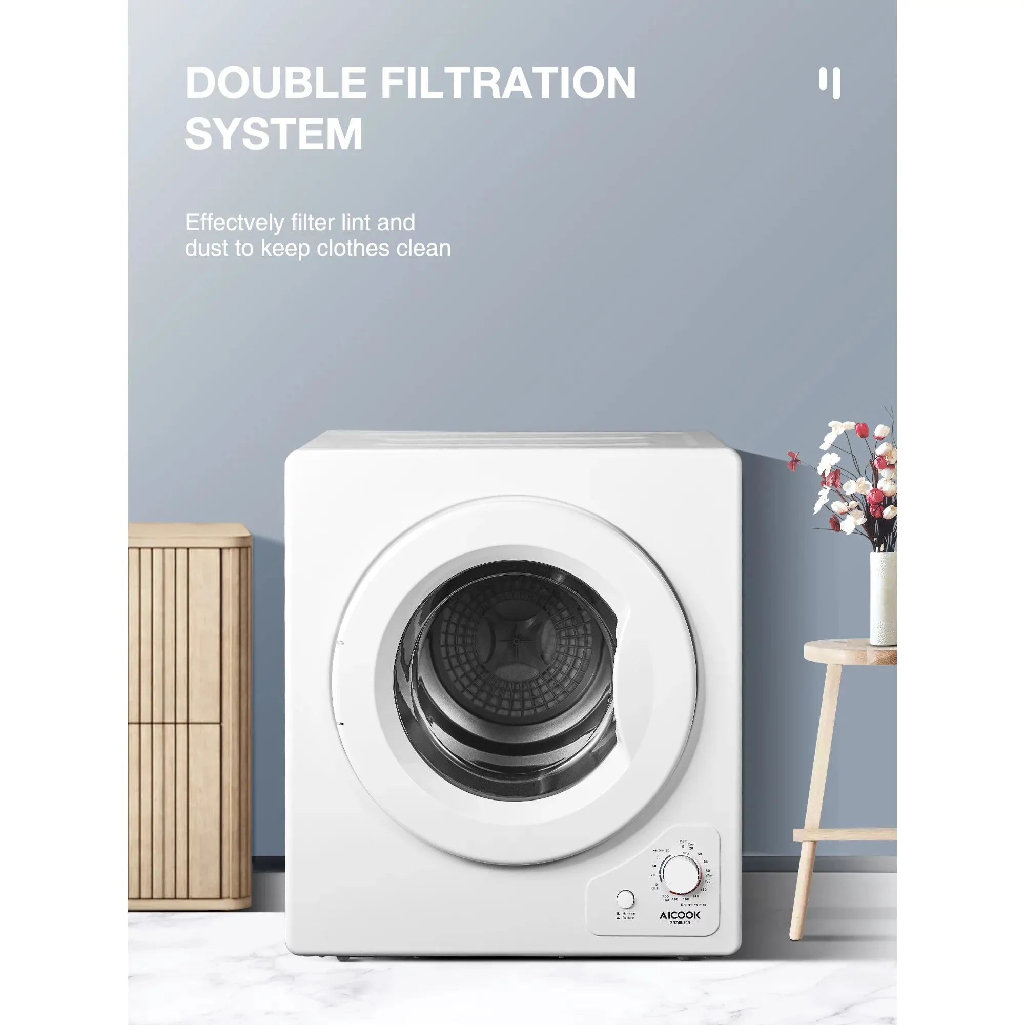 NEW IN BOX! AICOOK Compact Laundry Dryer, 1400W Electric Portable Clothes Dryer with Stainless Steel Tub, Control Panel Downside Easy Control for 4 Automatic Drying Mode, White! RETAILS $740 