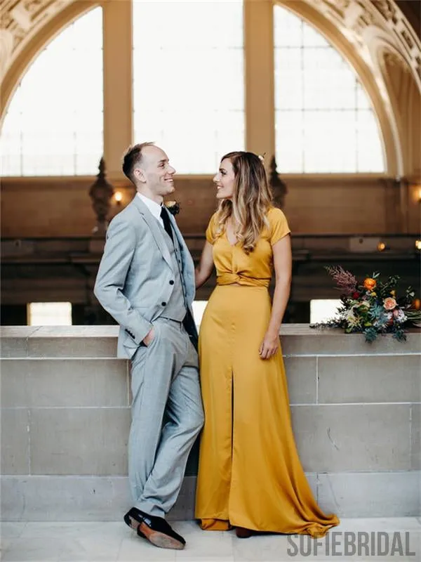 Newest Sheath V-neck Short Sleeves Long Bridesmaid Dresses With Split, BD1058