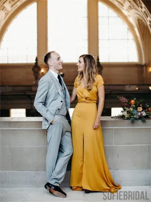 Newest Sheath V-neck Short Sleeves Long Bridesmaid Dresses With Split, BD1058