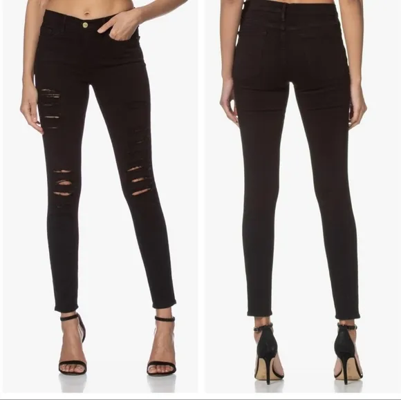 NWT FRAME Le Skinny De Jeanne Black Distressed Jeans Size 28
