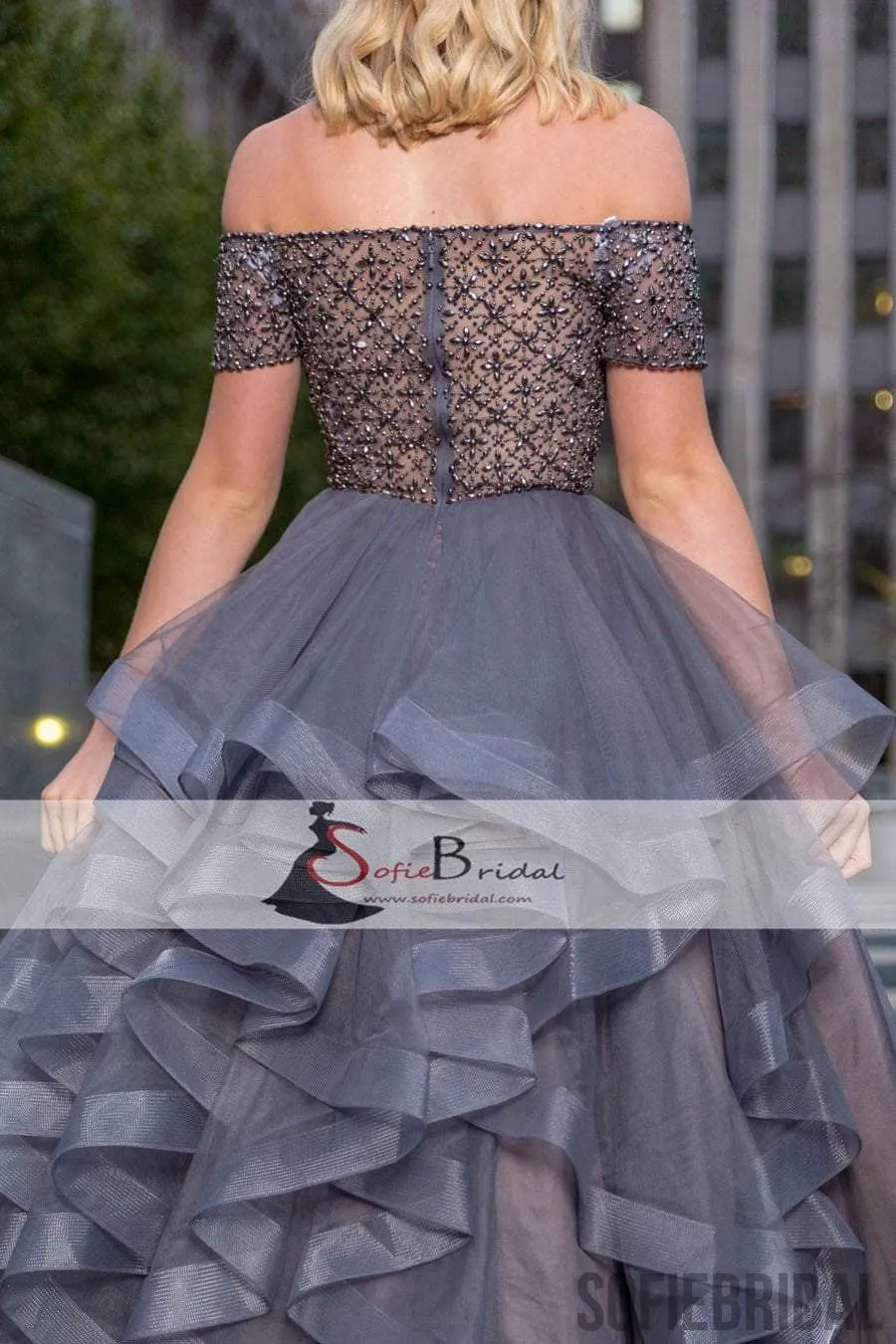 Off Shoulder Dark Grey Beaded Prom Dresses, Organza Prom Dresses, Cheap Prom Dresses, PD0445