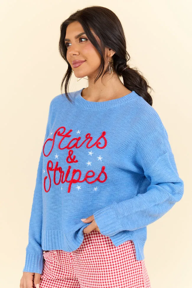 Off To Fireworks Blue Stars And Stripes Embroidered Sweater