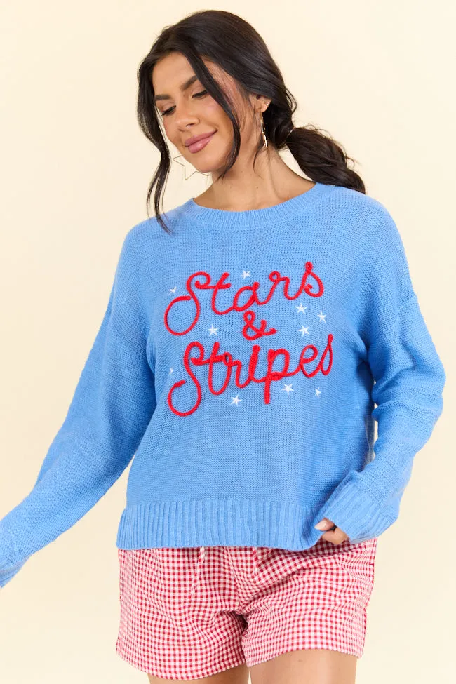 Off To Fireworks Blue Stars And Stripes Embroidered Sweater