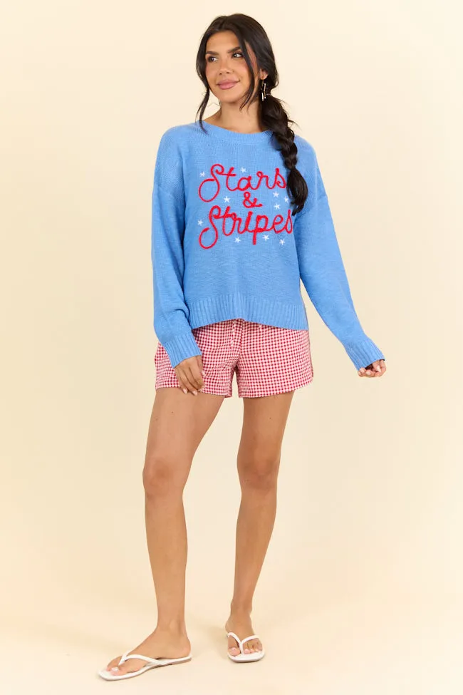 Off To Fireworks Blue Stars And Stripes Embroidered Sweater