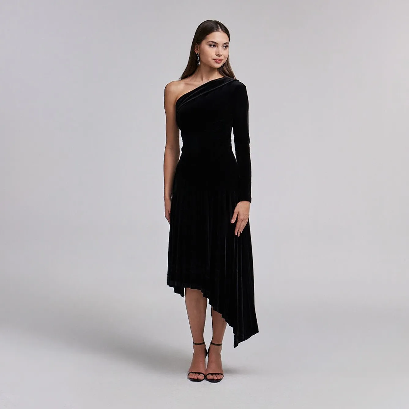 One-Shoulder Velvet Dress with Asymmetric Hemline