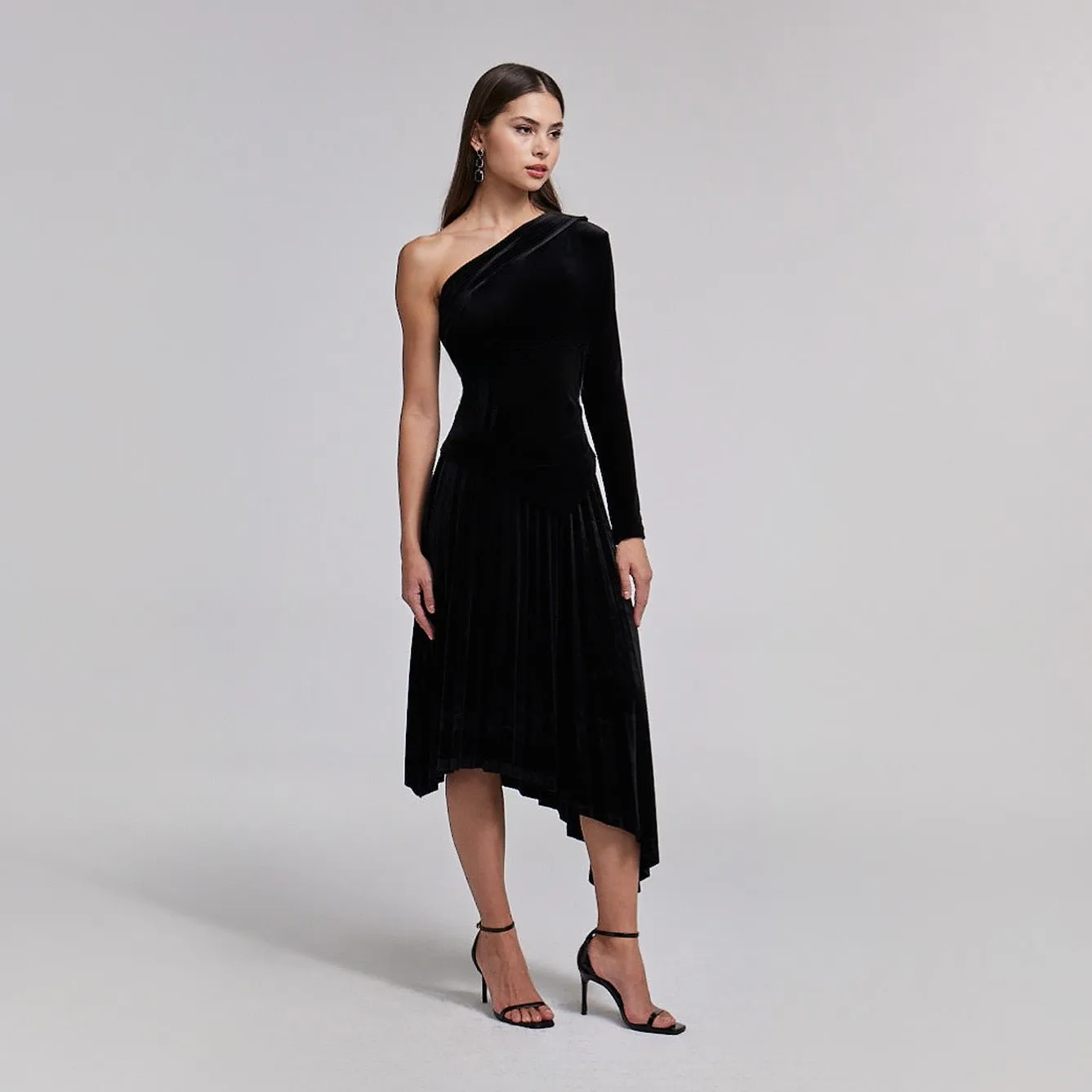 One-Shoulder Velvet Dress with Asymmetric Hemline