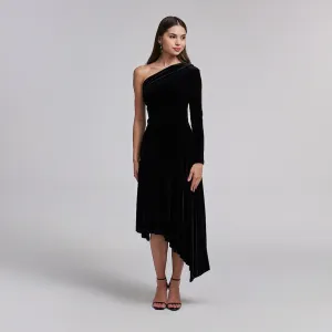 One-Shoulder Velvet Dress with Asymmetric Hemline