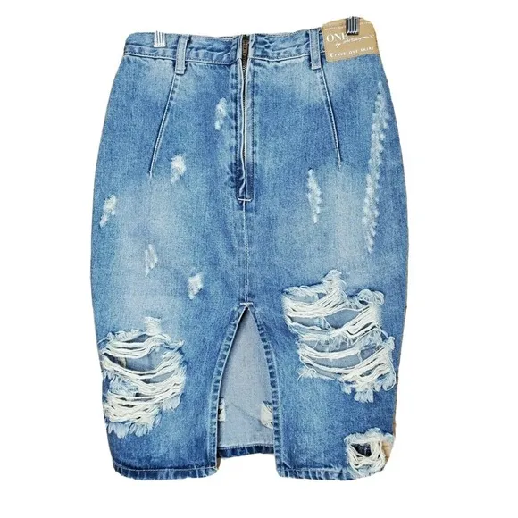 One Teaspoon Free love Distressed Jeans Knee Length Skirt Size 25