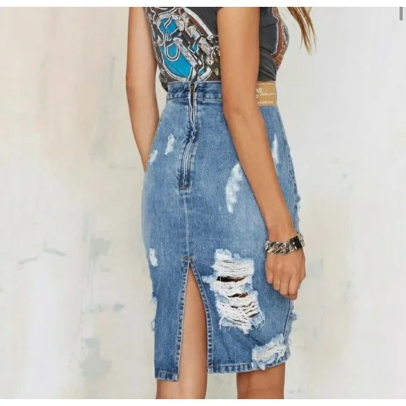 One Teaspoon Free love Distressed Jeans Knee Length Skirt Size 25