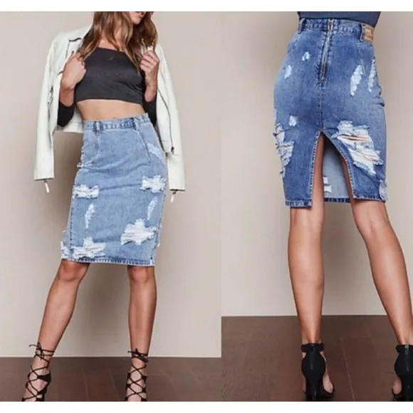 One Teaspoon Free love Distressed Jeans Knee Length Skirt Size 25