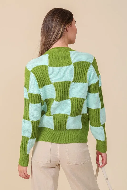 Oversized Contrast Checkboard Sweater