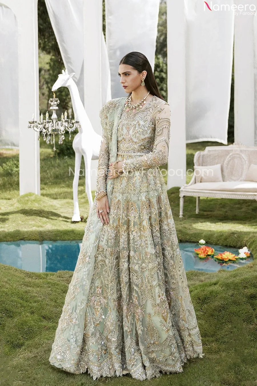 Pakistani Bridal Mint Green Lehenga in Gown Style #BN993