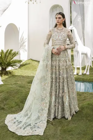 Pakistani Bridal Mint Green Lehenga in Gown Style #BN993