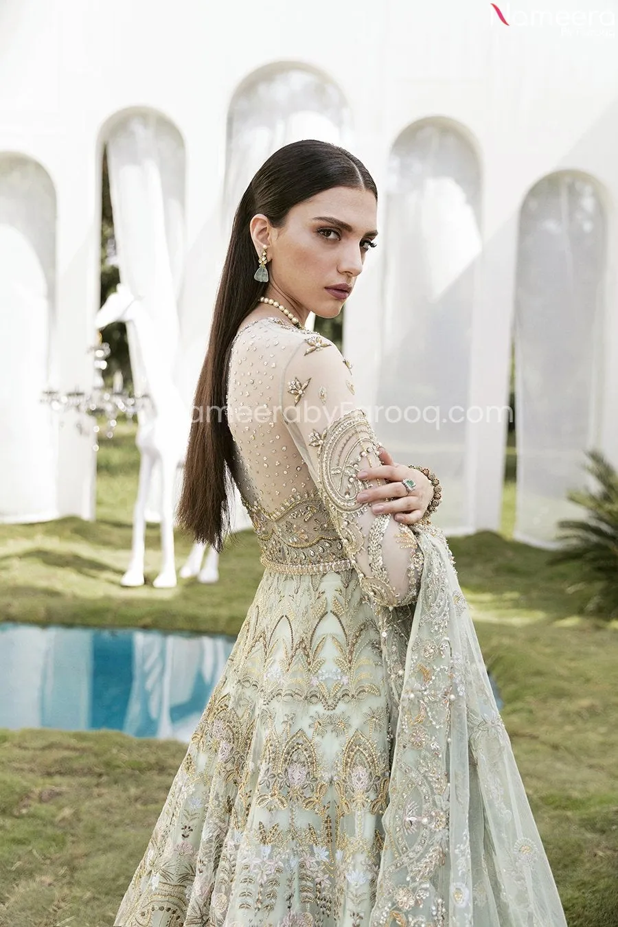 Pakistani Bridal Mint Green Lehenga in Gown Style #BN993