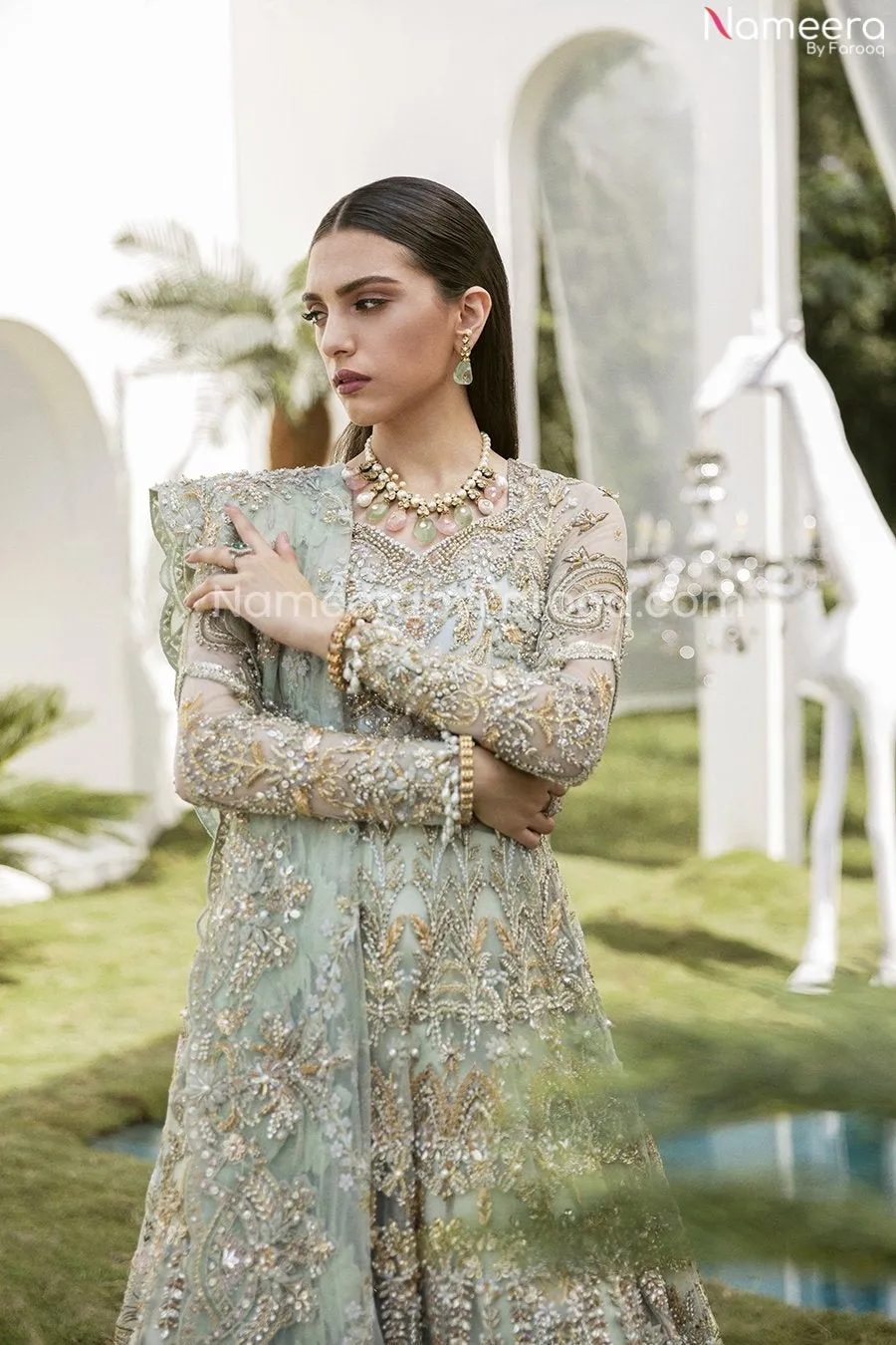 Pakistani Bridal Mint Green Lehenga in Gown Style #BN993