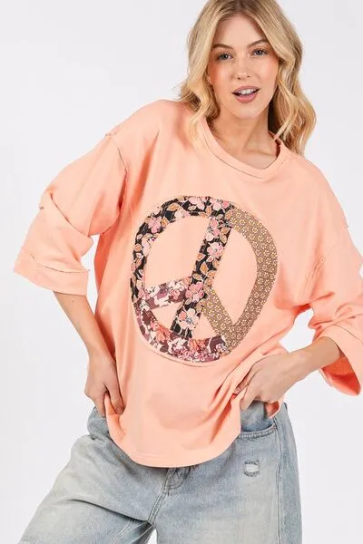 Peach Color Floral Peace Patch Round Neck Top