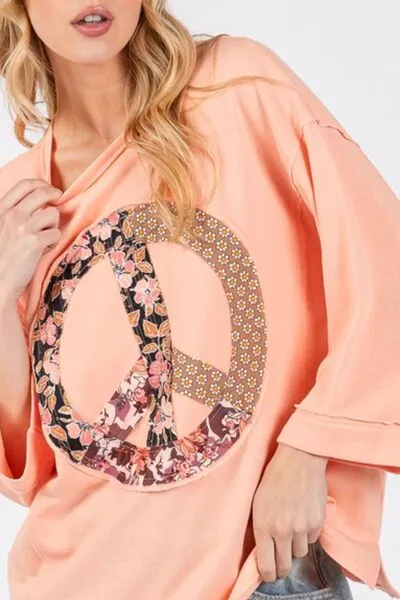 Peach Color Floral Peace Patch Round Neck Top