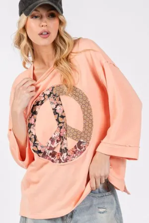 Peach Color Floral Peace Patch Round Neck Top