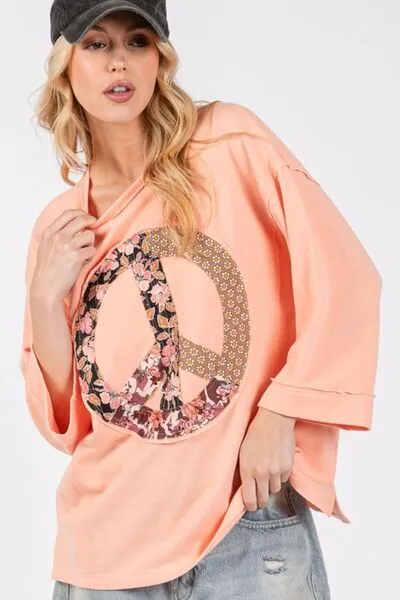 Peach Color Floral Peace Patch Round Neck Top
