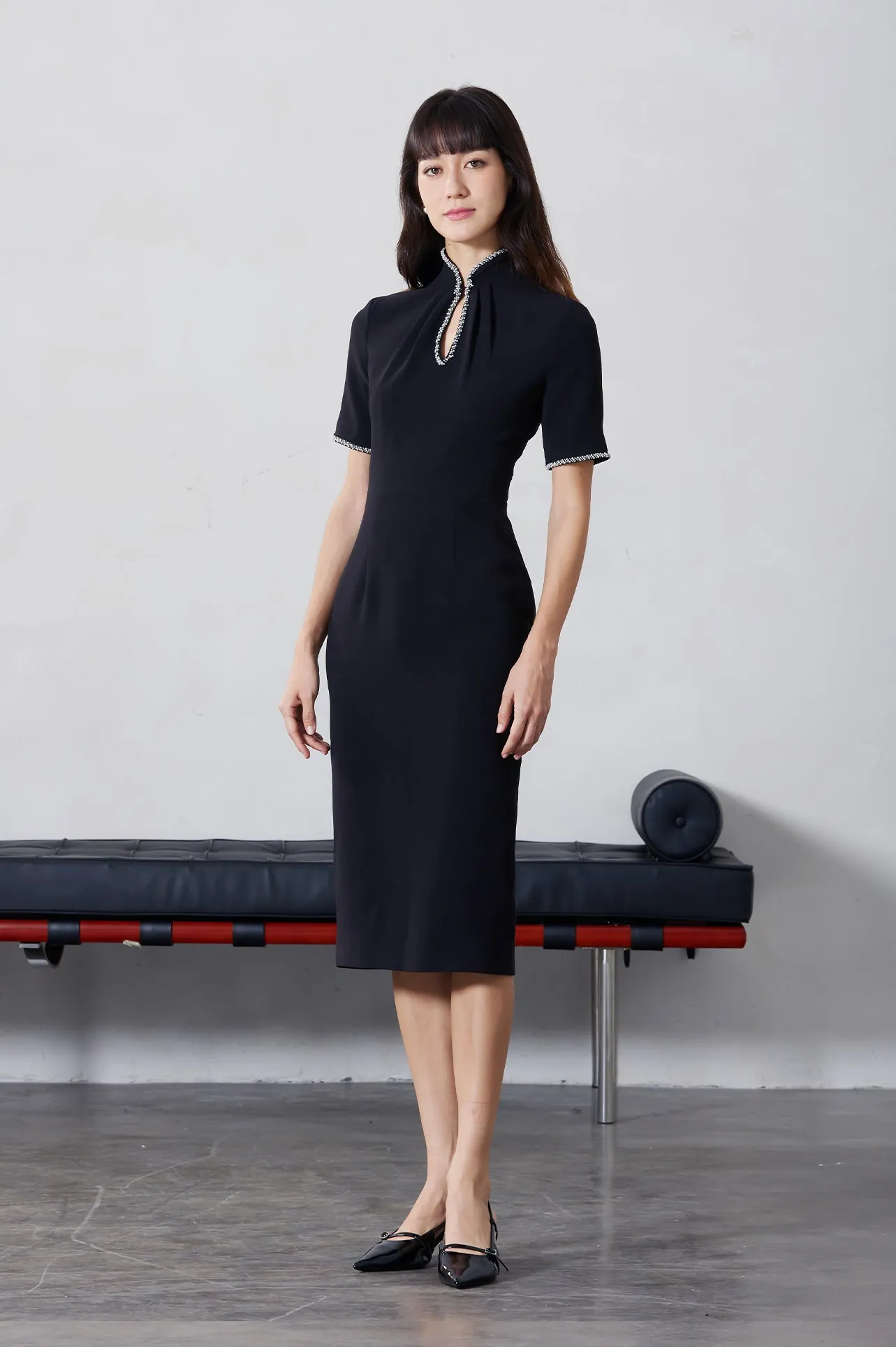 PEARL EMBELLISHED CHEONGSAM DRESS