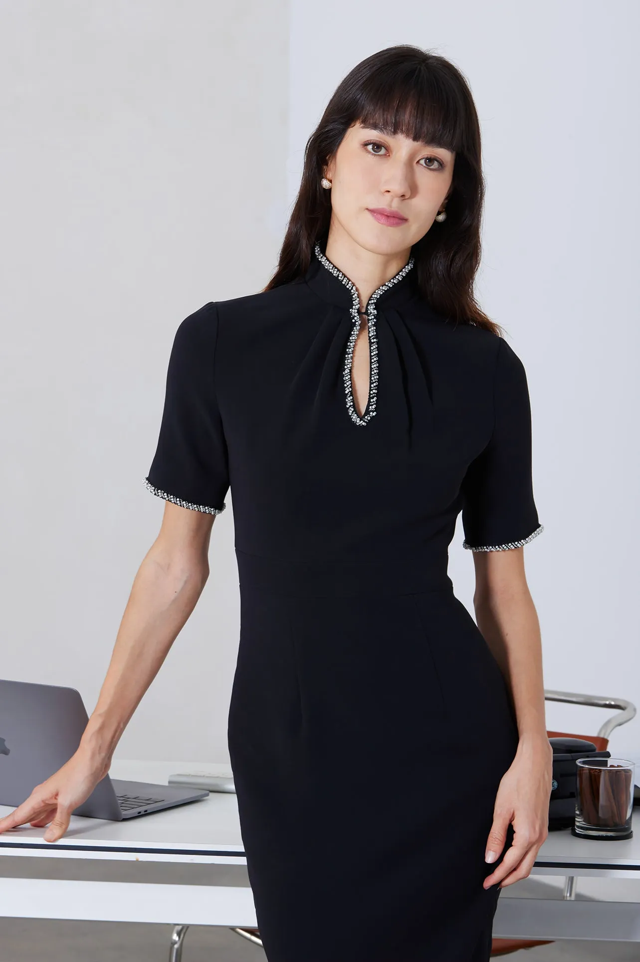 PEARL EMBELLISHED CHEONGSAM DRESS