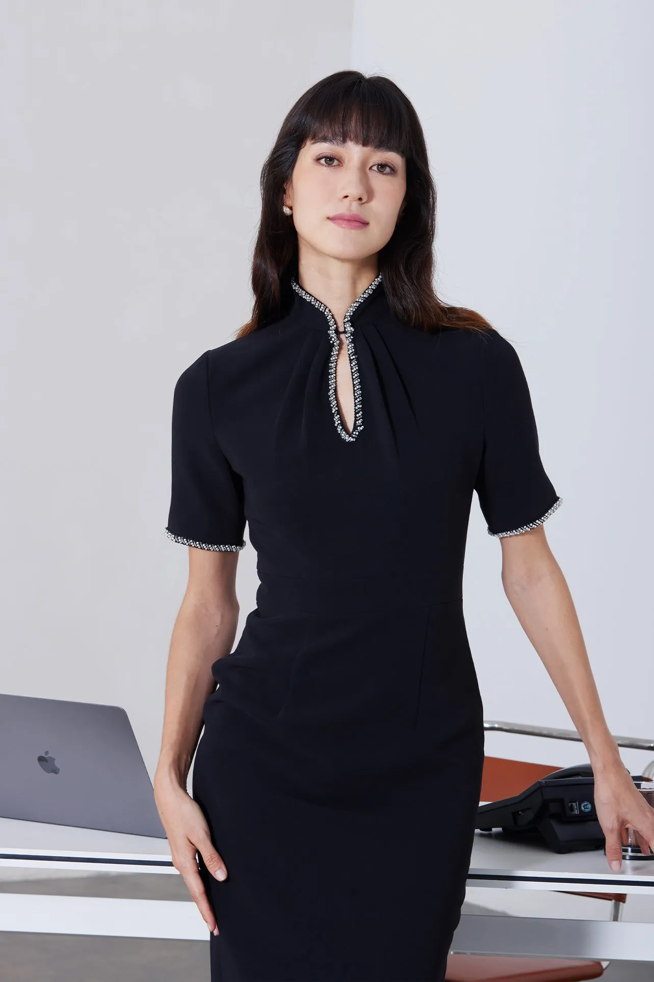 PEARL EMBELLISHED CHEONGSAM DRESS