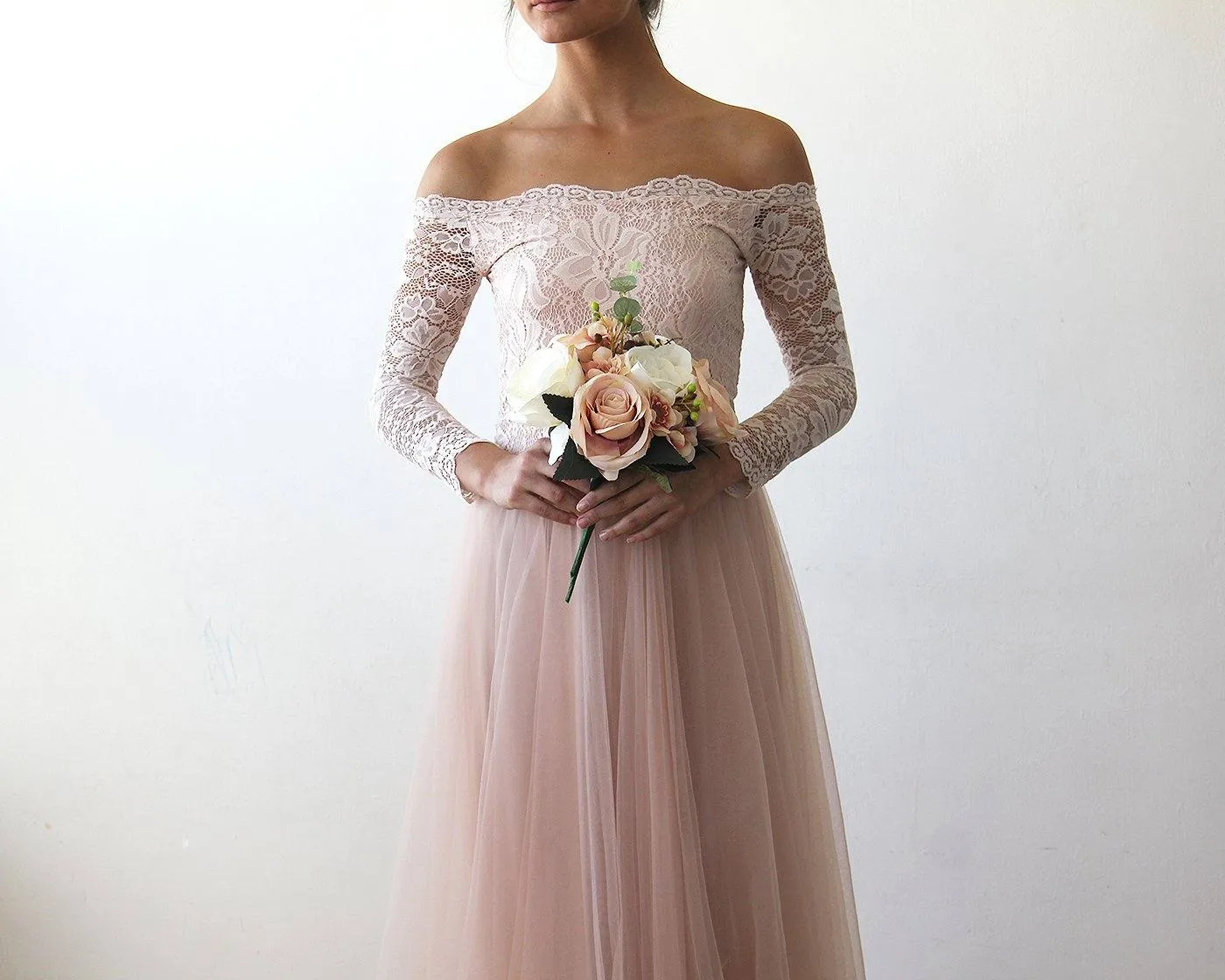 Pink Off-The-Shoulder Lace & Tulle Train Dress #1162