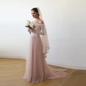 Pink Off-The-Shoulder Lace & Tulle Train Dress #1162