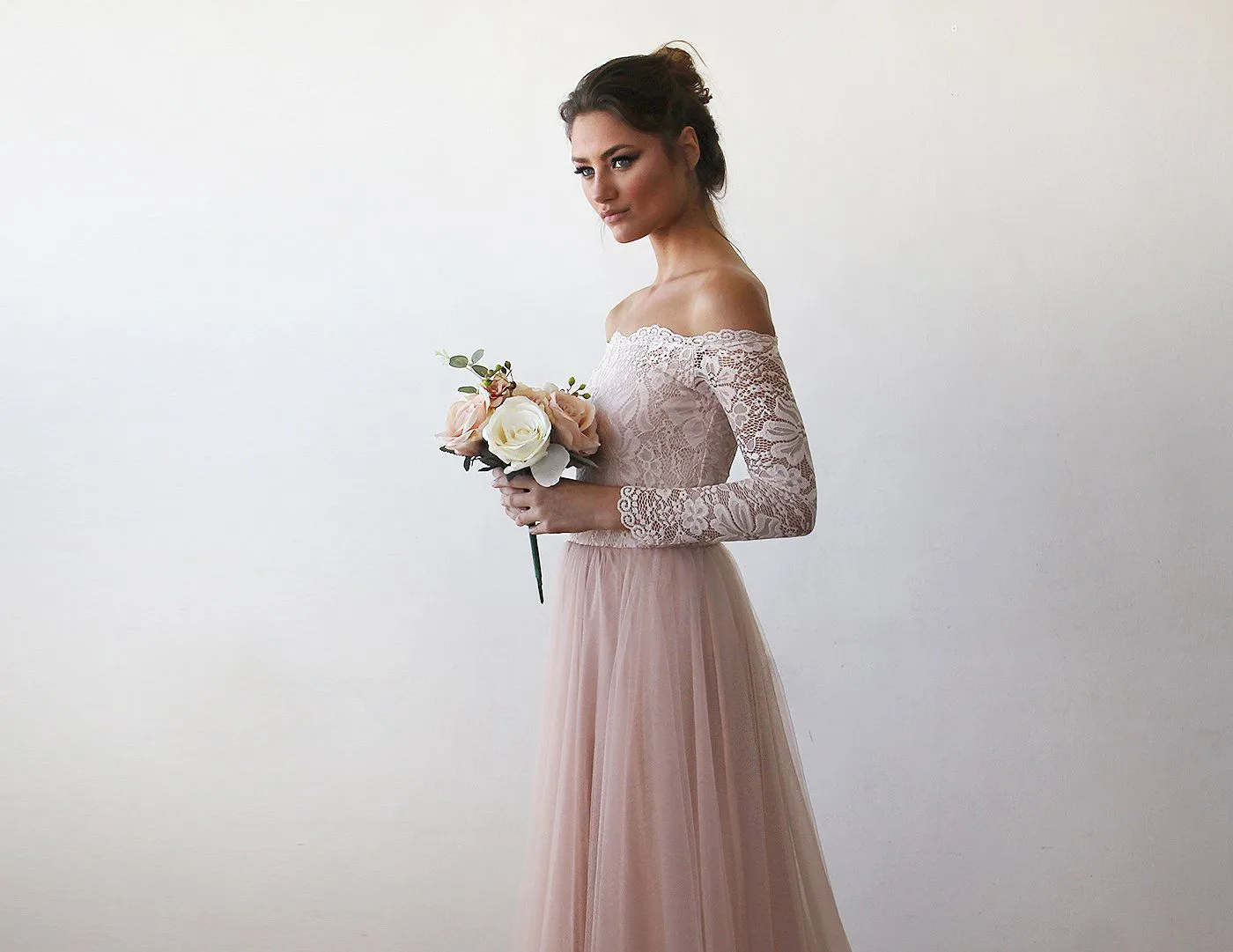 Pink Off-The-Shoulder Lace & Tulle Train Dress #1162