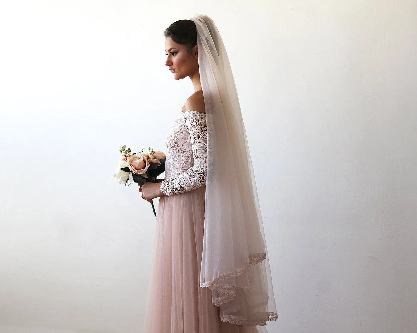 Pink Off-The-Shoulder Lace & Tulle Train Dress #1162