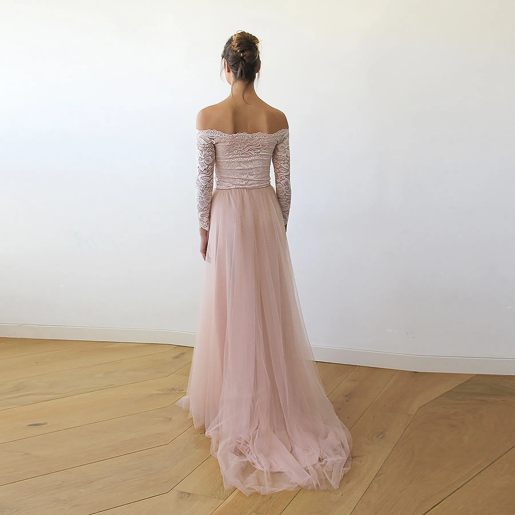 Pink Off-The-Shoulder Lace & Tulle Train Dress #1162