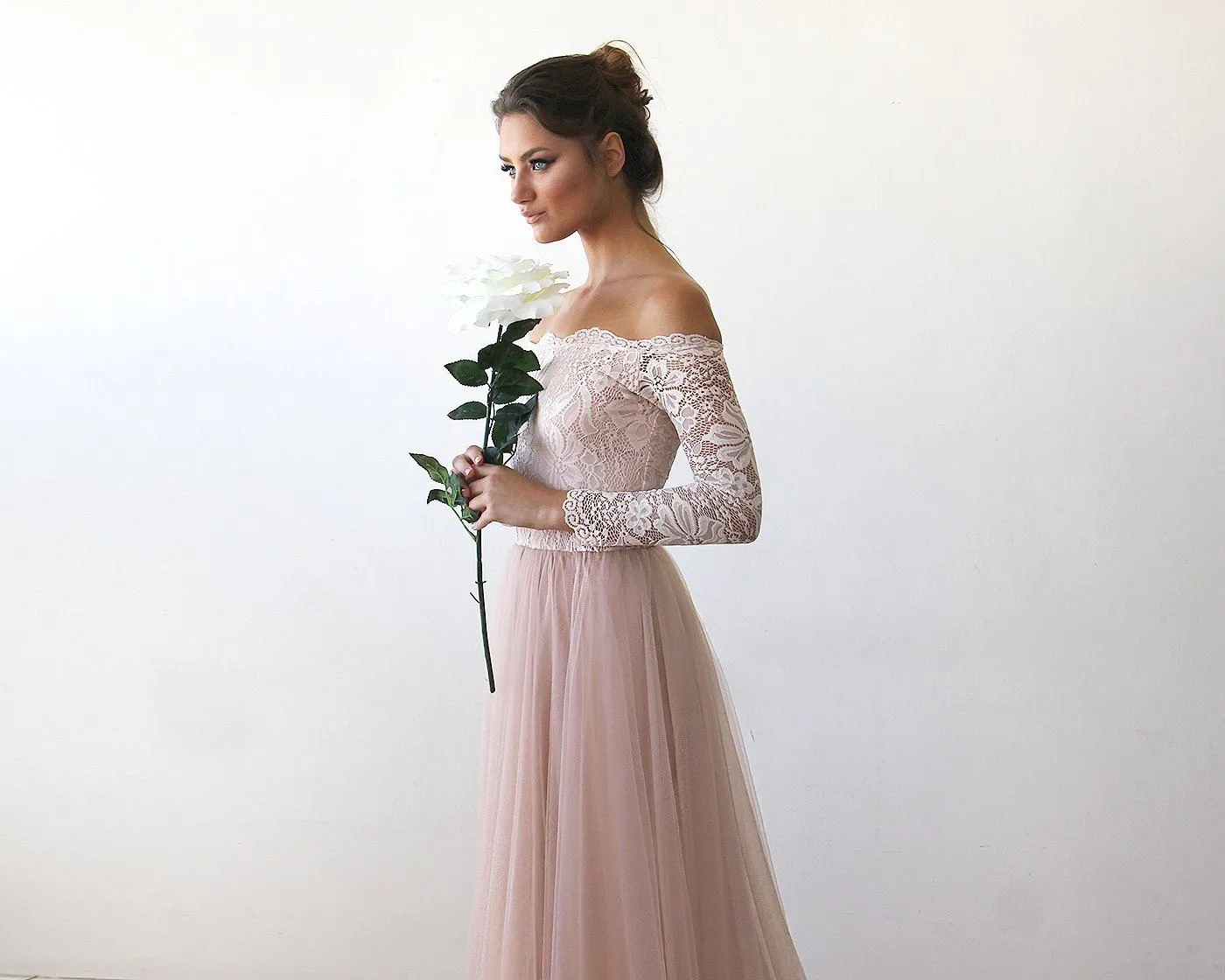 Pink Off-The-Shoulder Lace & Tulle Train Dress #1162