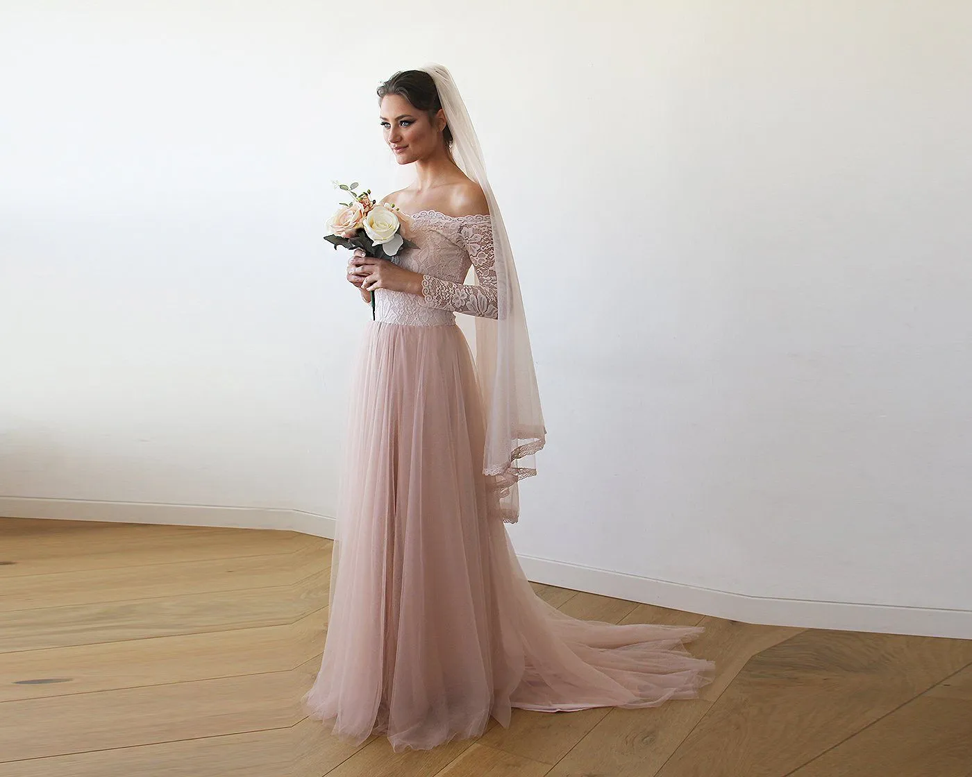 Pink Off-The-Shoulder Lace & Tulle Train Dress #1162