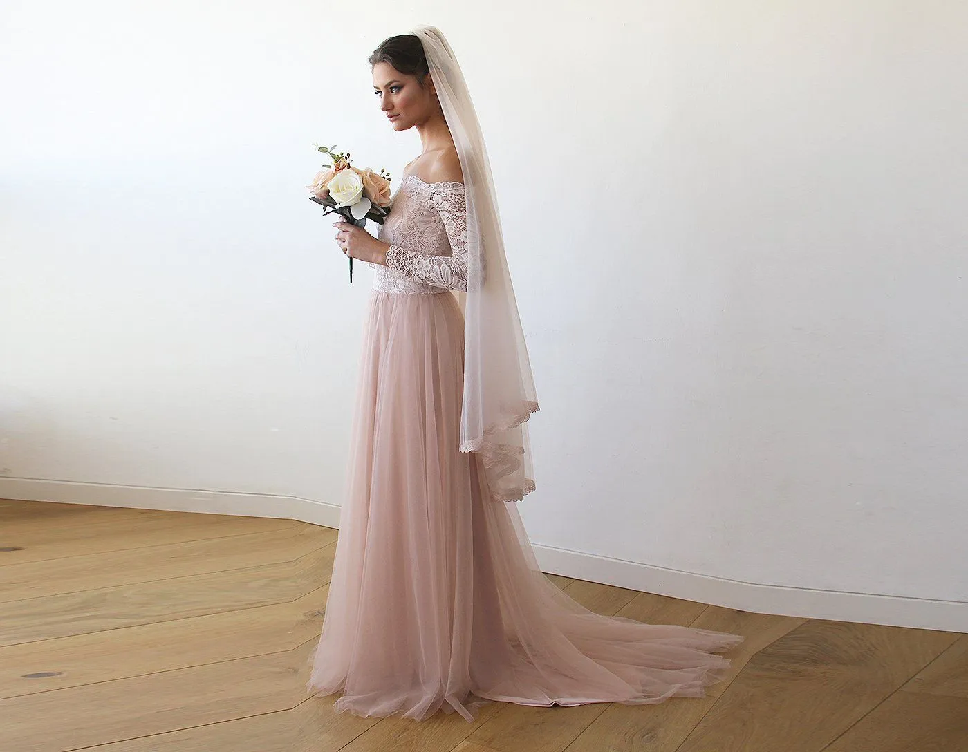 Pink Off-The-Shoulder Lace & Tulle Train Dress #1162