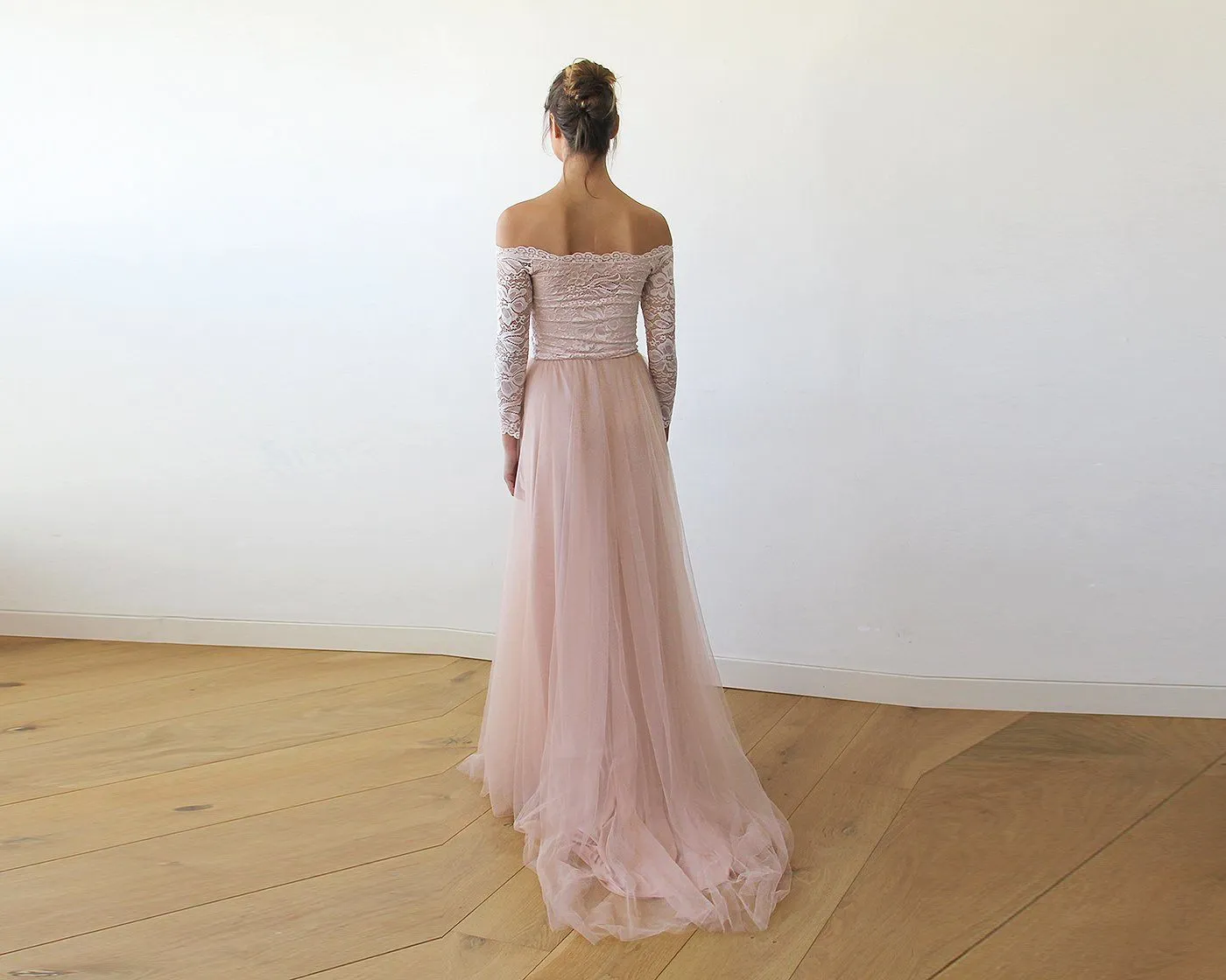 Pink Off-The-Shoulder Lace & Tulle Train Dress #1162
