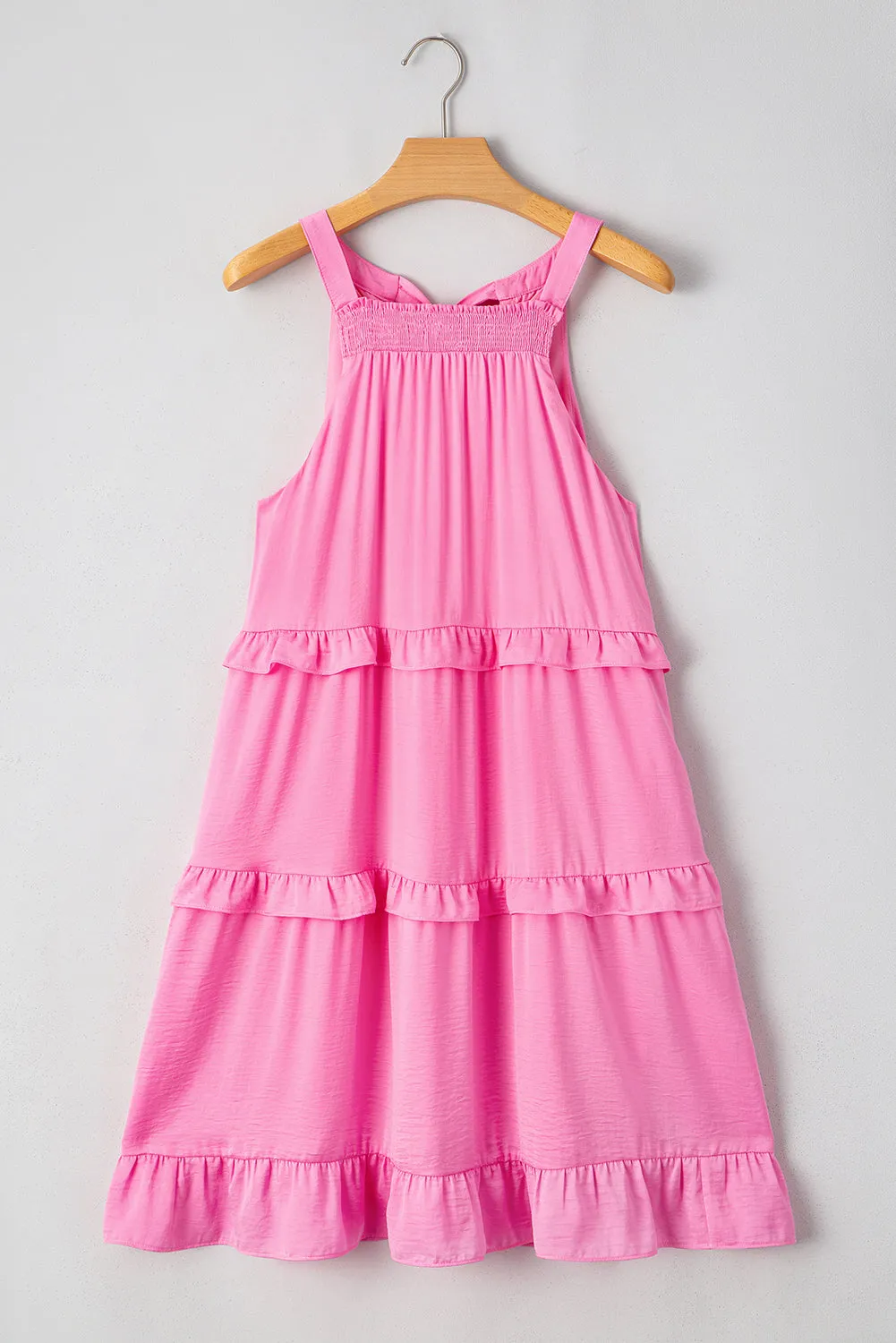 Pink Smocked Neck Knot Back Frilly Tiered Sleeveless Mini Dress