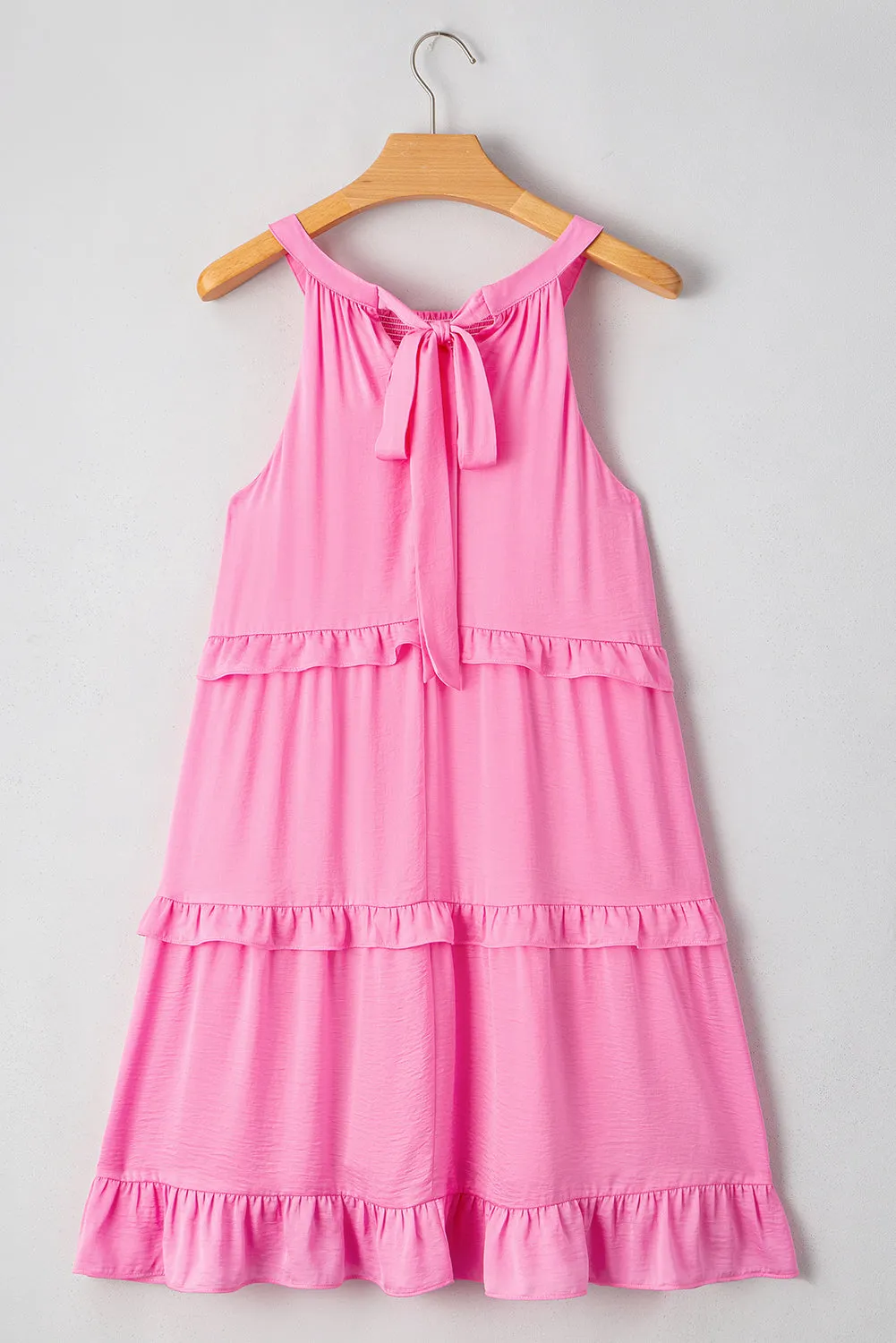 Pink Smocked Neck Knot Back Frilly Tiered Sleeveless Mini Dress